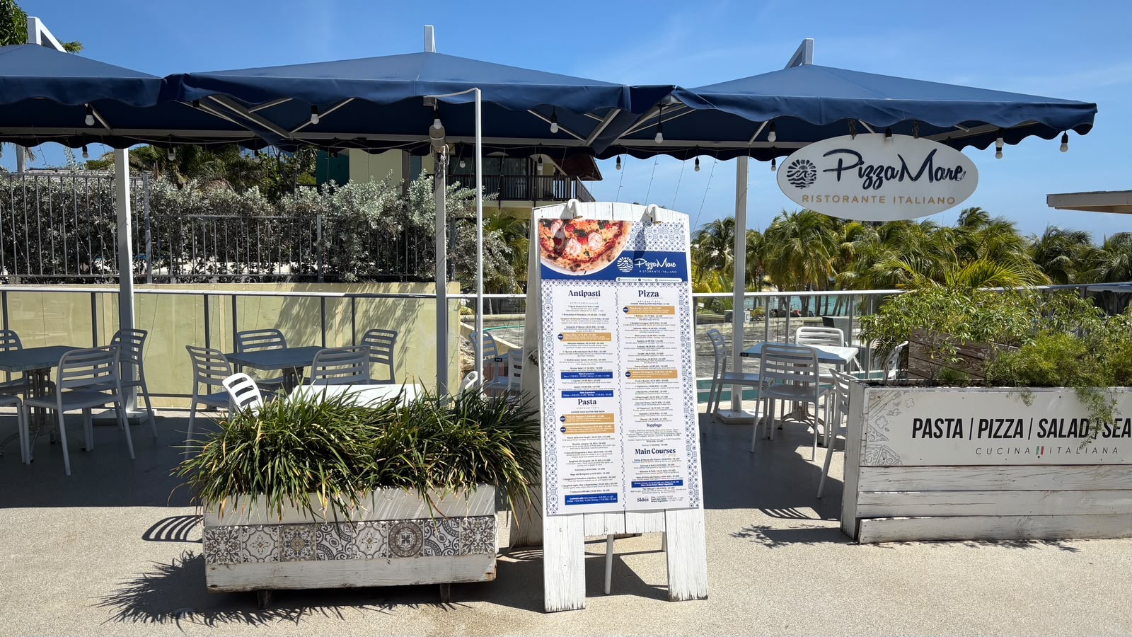 Pizza Mare terrace on Mambo Beach Boulevard