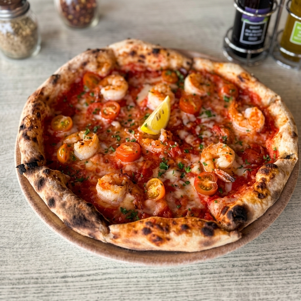 Pizza Bonaire with shrimp and cherry tomatoes